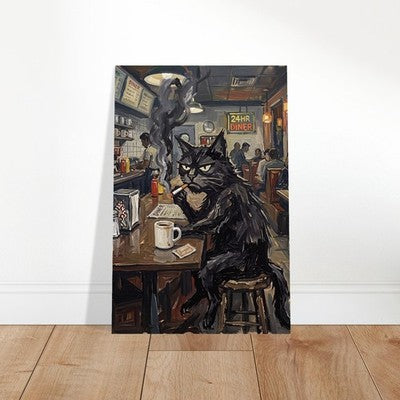 Grumpy Black Cat at 24 Hour Diner Moody Vintage Oil Painting Print Funny Art 2