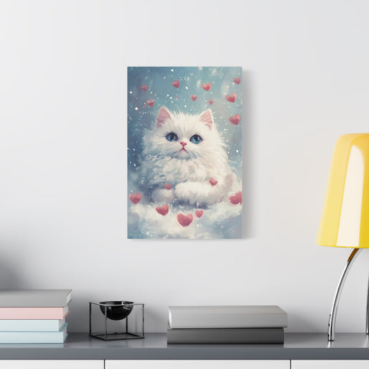 Cute White Persian Cat in Love Canvas Art – Whimsical Floating Kitten