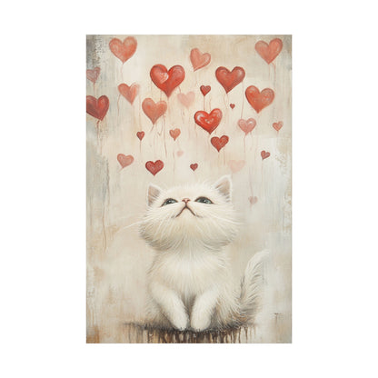 Cute White Cat and Flying Hearts Canvas Art – Whimsical Floating Kitten