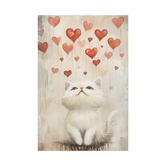 Cute White Cat and Flying Hearts Canvas Art – Whimsical Floating Kitten