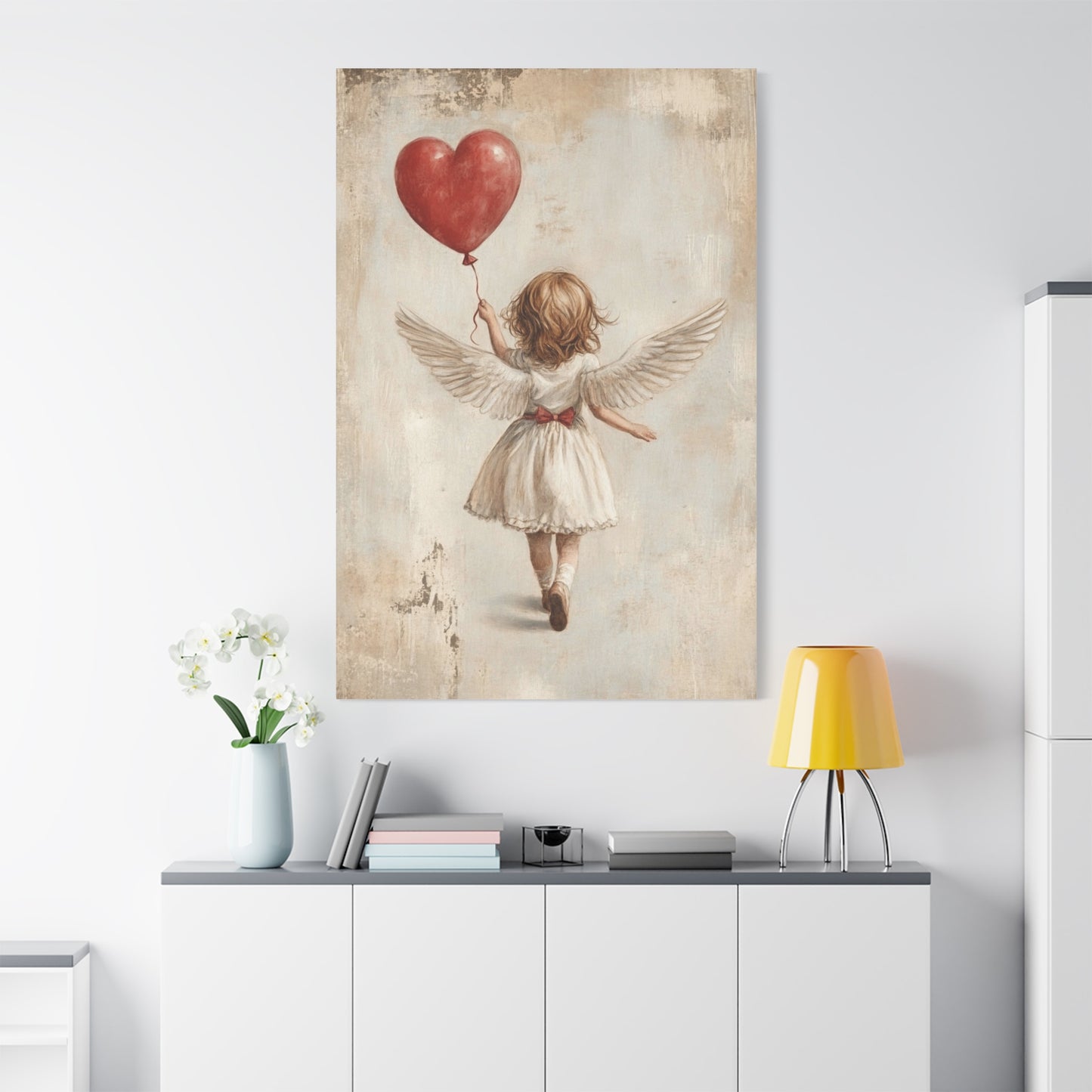 Angel Canvas Art – Whimsical Guardian Angel with Heart Balloon, Matte Stretched Canvas