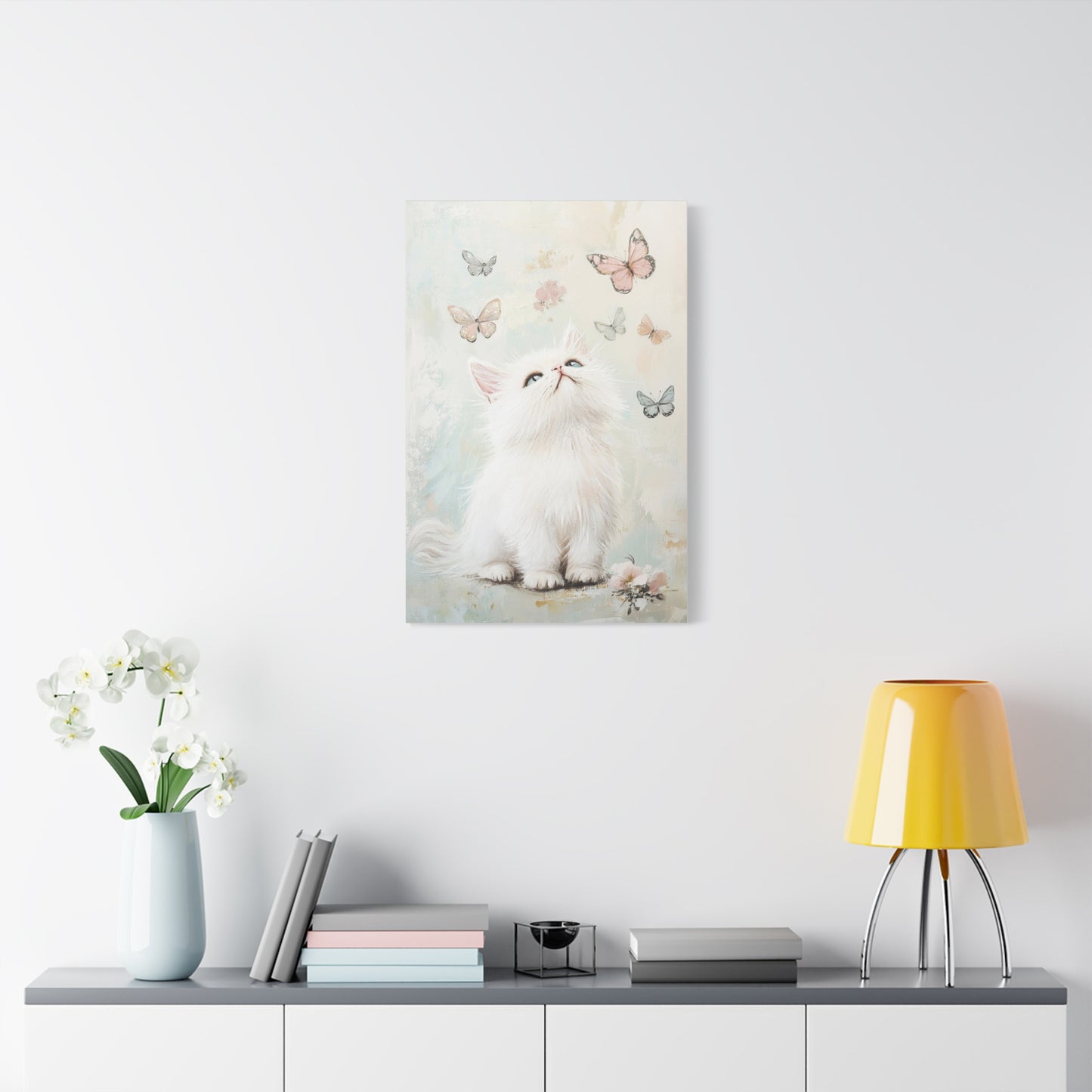 Cute White Cat and Butterflies Canvas Art – Whimsical Floating Kitten