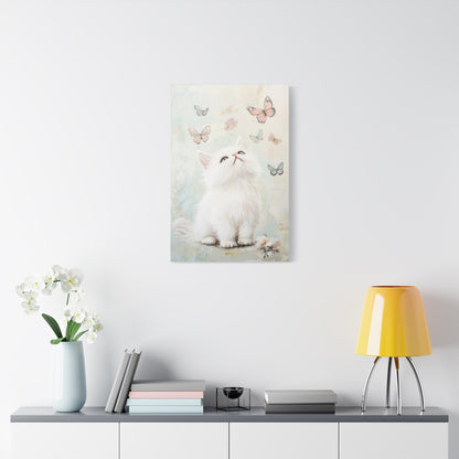 Cute White Cat and Butterflies Canvas Art – Whimsical Floating Kitten