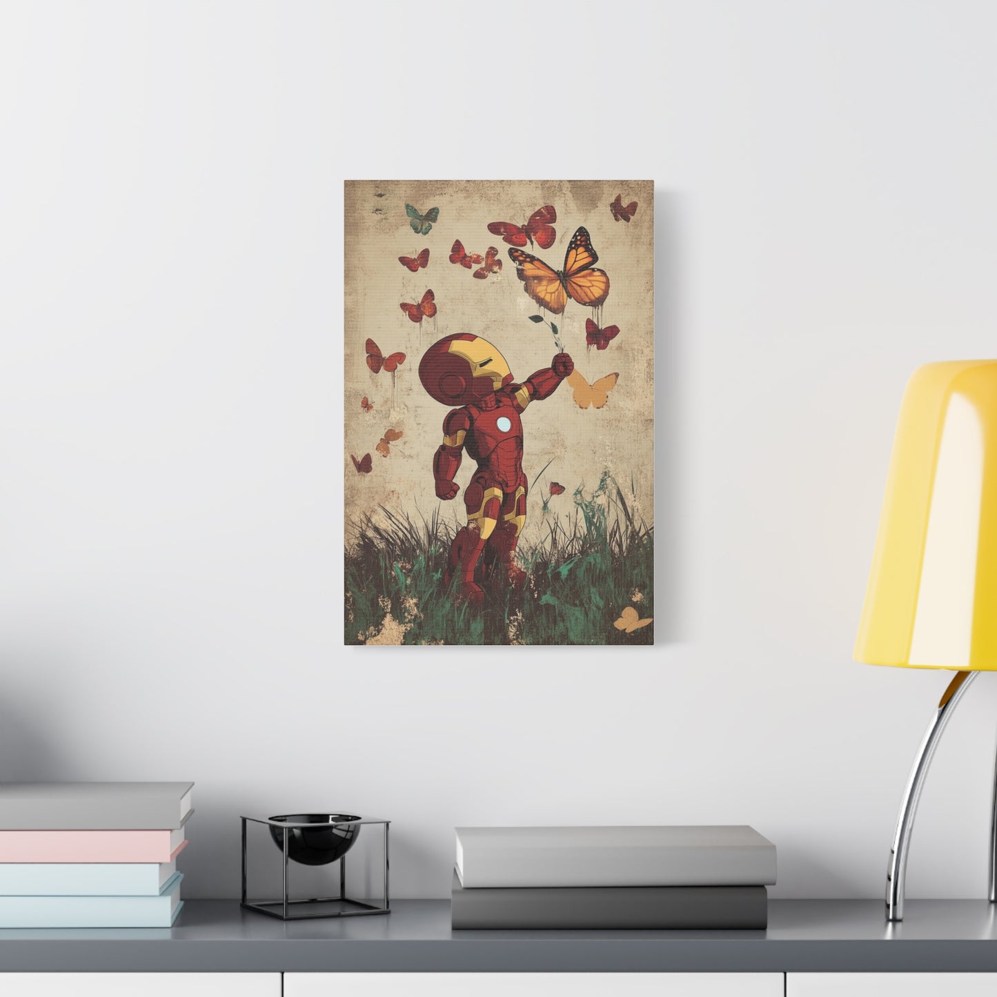 Iron Man and Butterflies Canvas Art – Whimsical Armored Hero in Nature, Matte Stretched Canvas