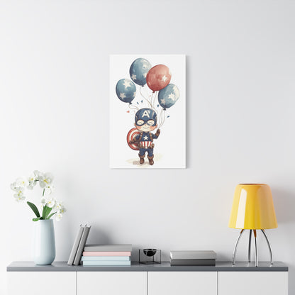 Captain America Kid Canvas Art – Whimsical Hero with Star Balloons, Matte Stretched Canvas