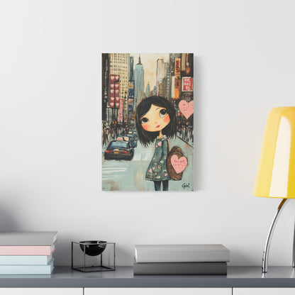 Girl Love and NYC Canvas Art III – Whimsical Cityscape with Floating Hearts