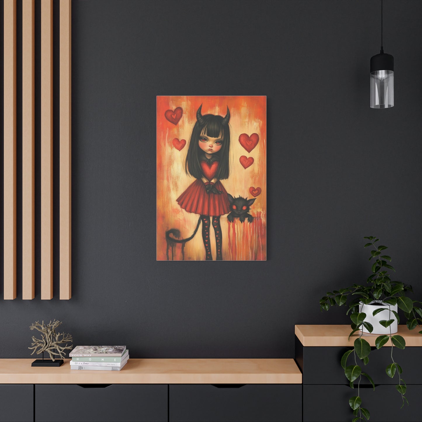 Gothic Evil Girl Canvas Print – Dark Fantasy Art with Red & Black Aesthetic, Matte Stretched Canvas