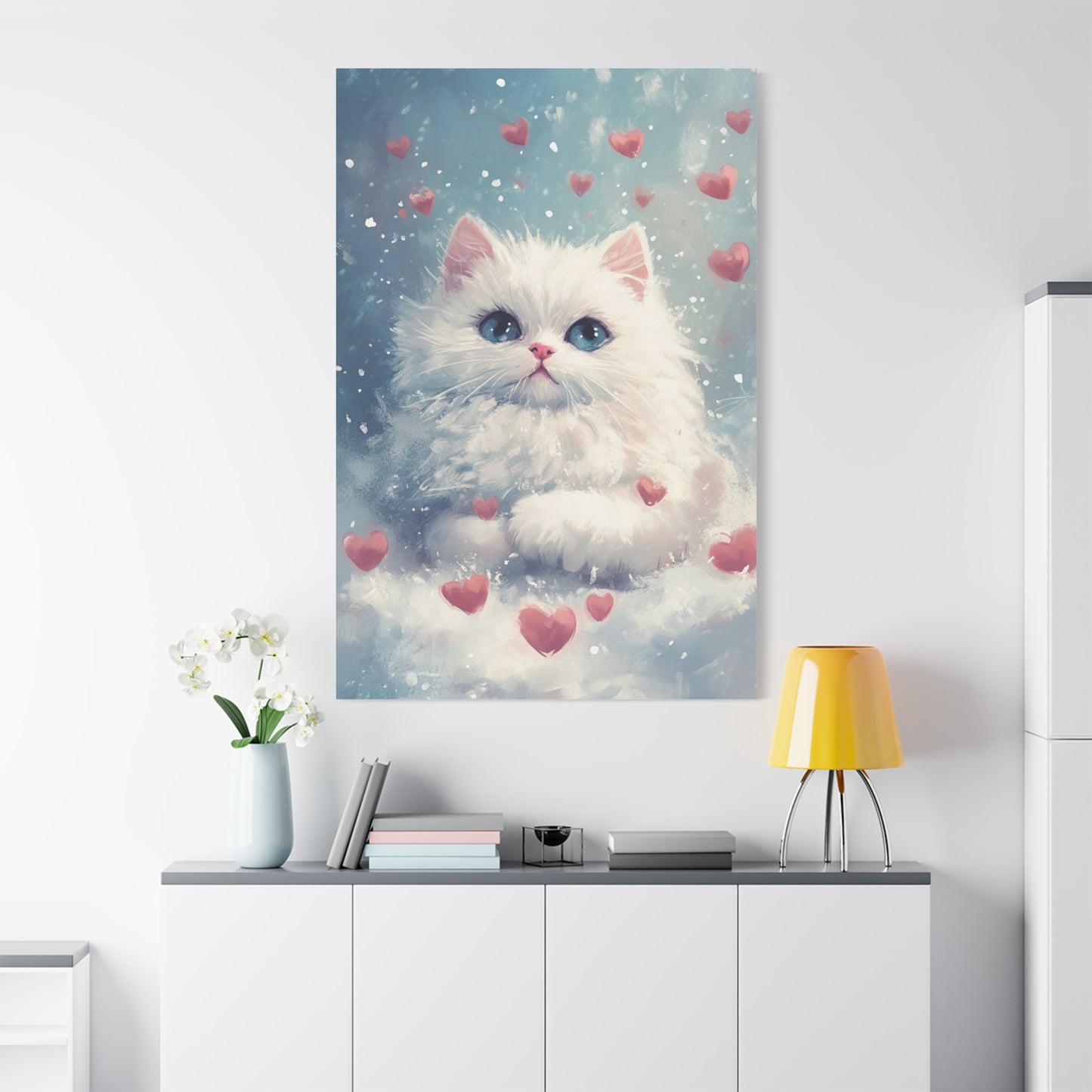 Cute White Persian Cat in Love Canvas Art – Whimsical Floating Kitten