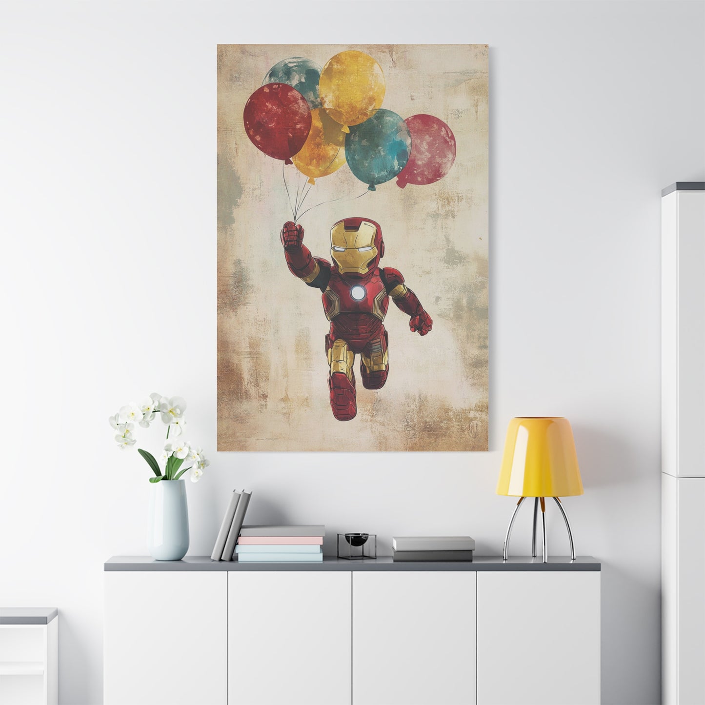 Flying Mini Iron Man Canvas Art – Whimsical Superhero with Balloons, Matte Stretched Canvas