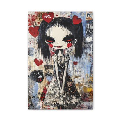 NYC Evil Girl Canvas Print – Gothic Street Art with Dark Aesthetic, Matte Stretched Canvas