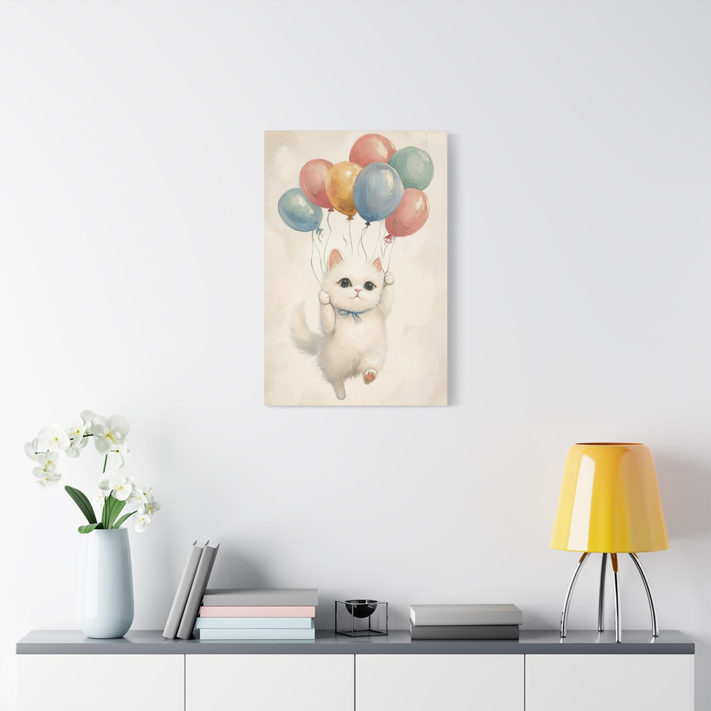 Cute White Cat and Balloons Canvas Art – Whimsical Floating Kitten