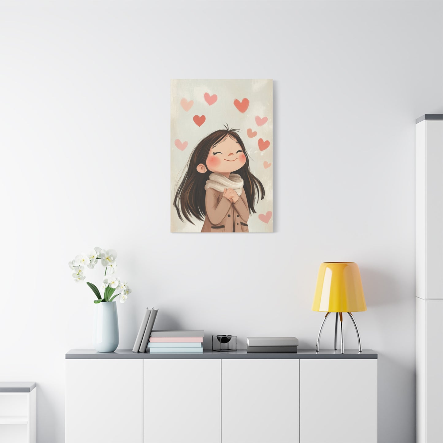 Girl in Love Canvas Art – Whimsical Cityscape with Floating Hearts