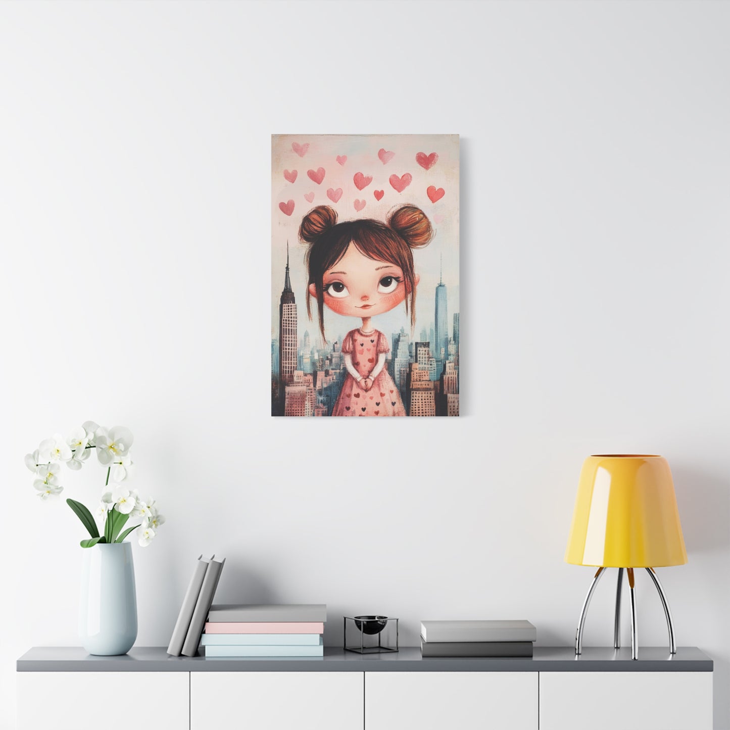 Girl Love and NYC Canvas Art – Whimsical Cityscape with Floating Hearts