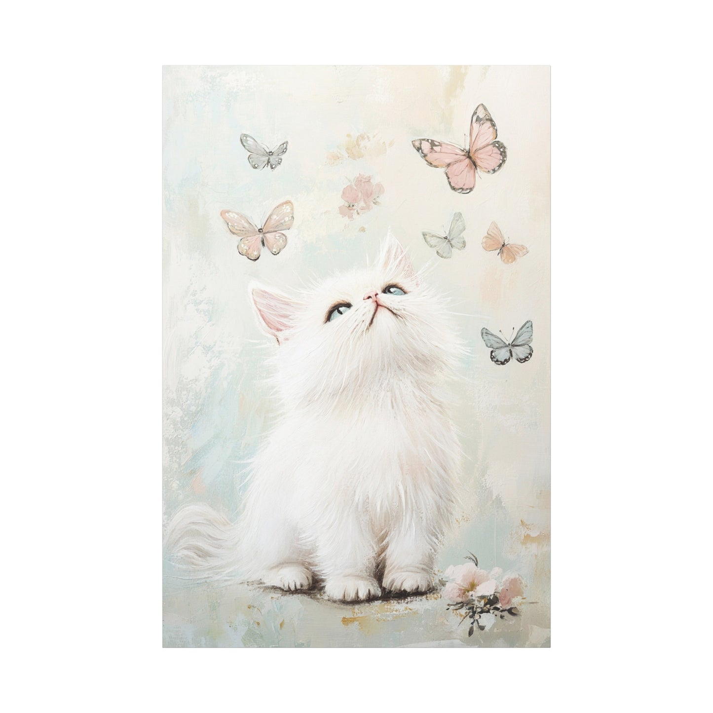 Cute White Cat and Butterflies Canvas Art – Whimsical Floating Kitten