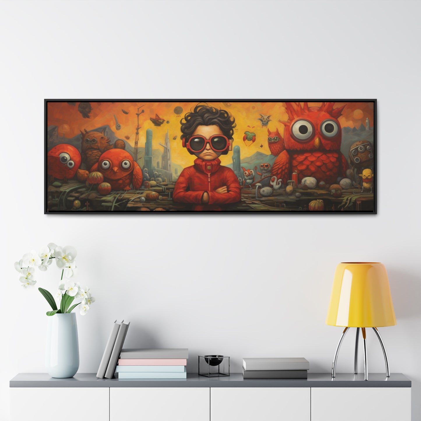 Aaron Jasinski Inspired – Surreal Owlscape & Futuristic Child | Vibrant Wide Canvas Art