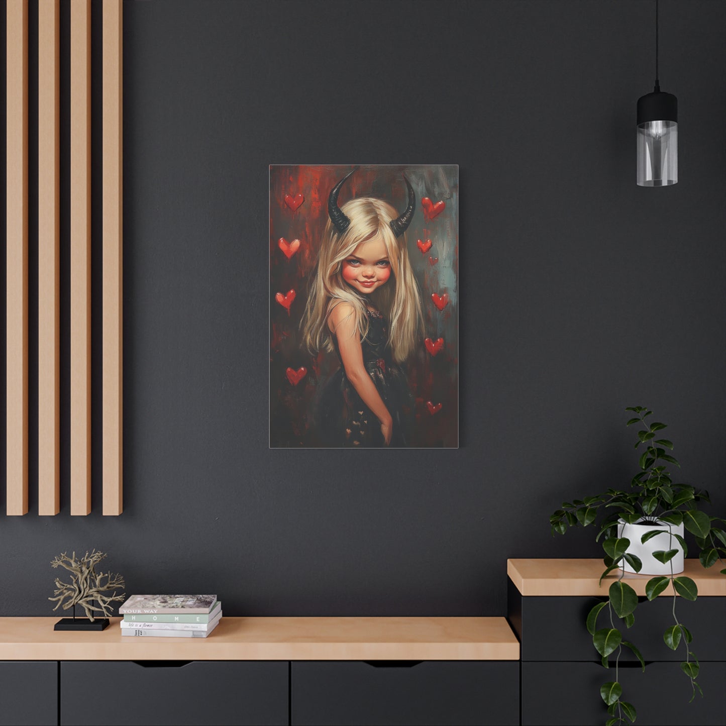 Blond Evil Girl Canvas Print – Dark Fantasy Art with Mischievous Charm, Matte Stretched Canvas