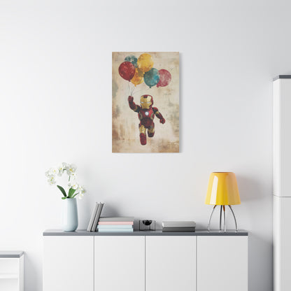 Flying Mini Iron Man Canvas Art – Whimsical Superhero with Balloons, Matte Stretched Canvas