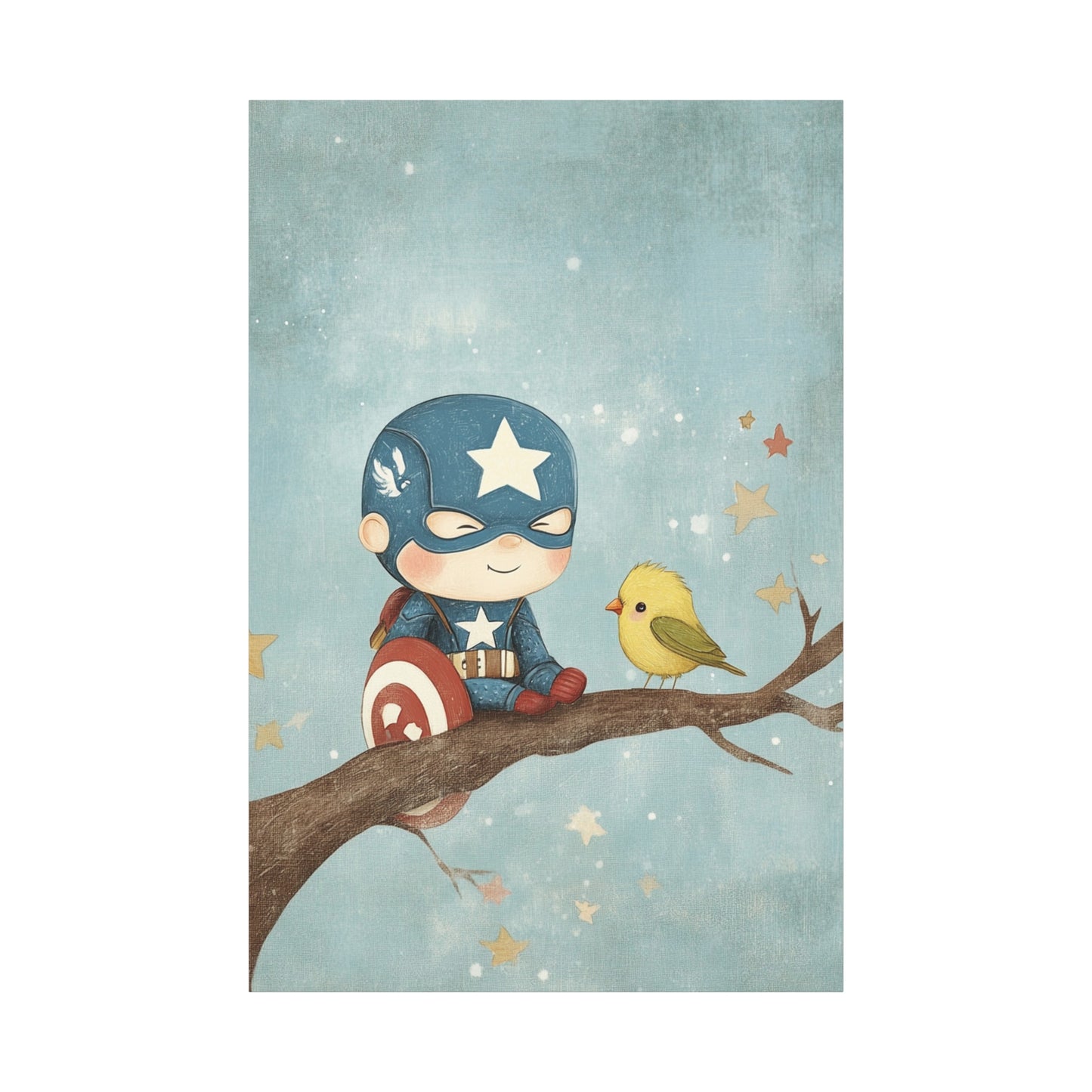 Mini Captain Amercia and Bird Canvas Art – Whimsical Superhero with Nature