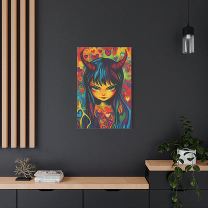 Colorful Evil Girl Canvas Print – Vibrant Psychedelic Fantasy Art, Matte Stretched Canvas