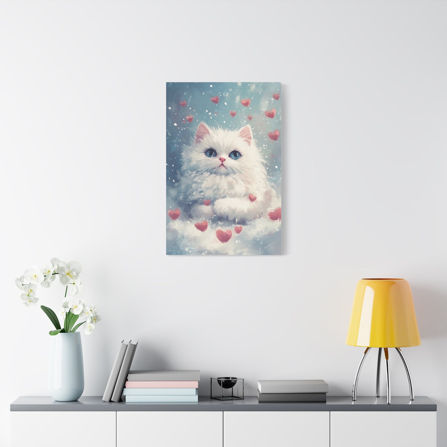 Cute White Persian Cat in Love Canvas Art – Whimsical Floating Kitten