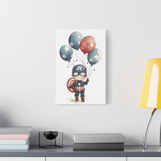 Captain America Kid Canvas Art – Whimsical Hero with Star Balloons, Matte Stretched Canvas