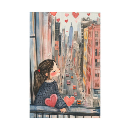 Girl Love and NYC Canvas Art II – Whimsical Cityscape with Floating Hearts