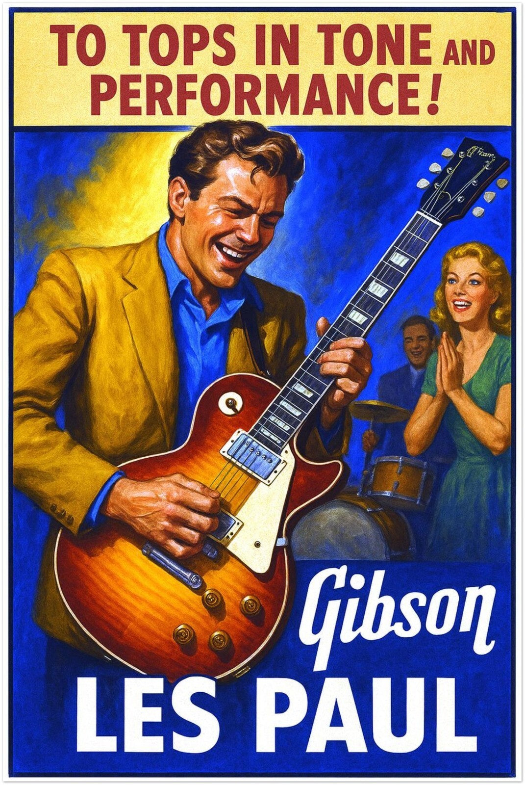 GIBSON LES PAUL GUITAR POSTER - TOPS IN TONE PERFORMANCE - VINTAGE POSTER