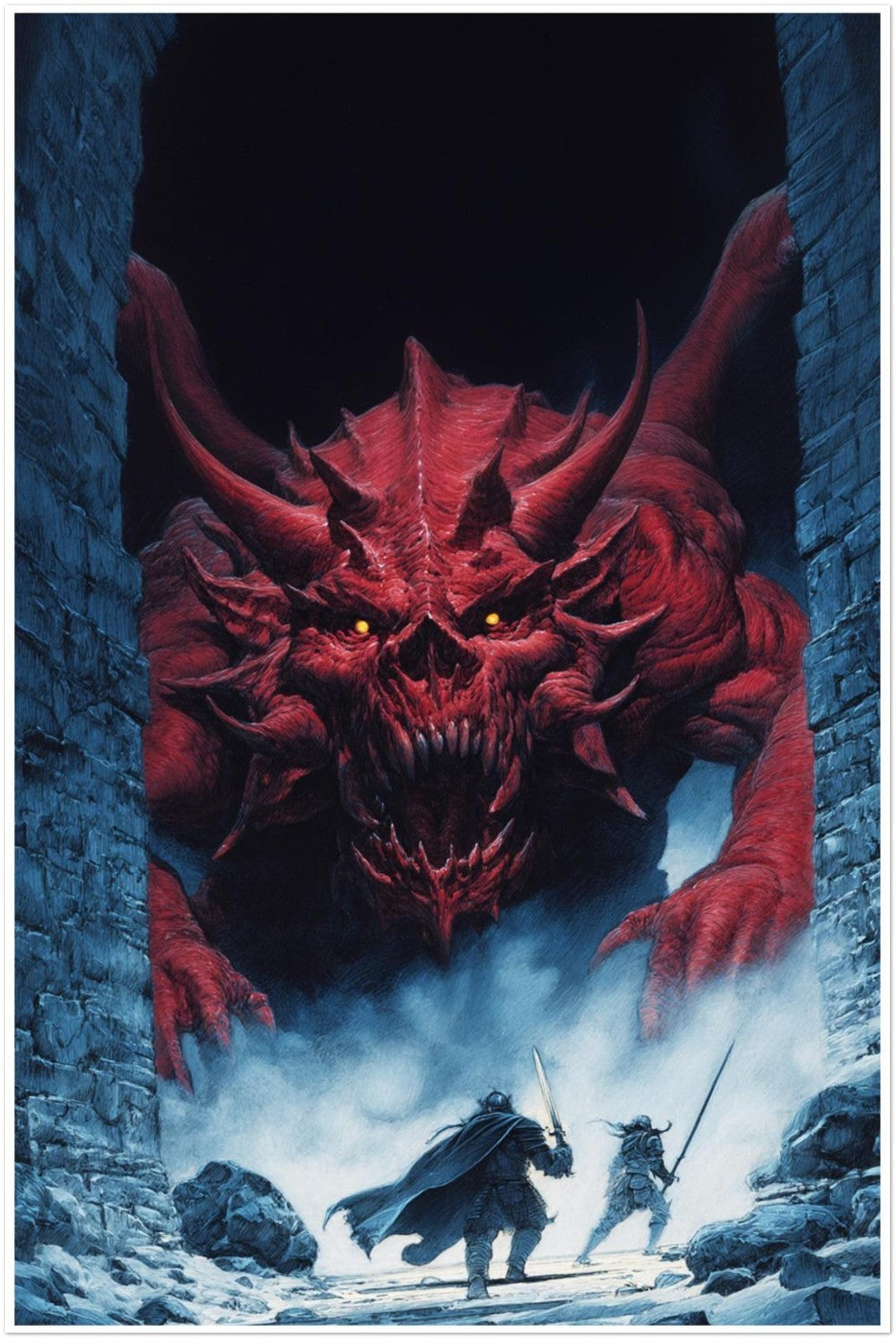 DARK FANTASY DEMONIC DRAGON VS WARRIORS EPIC BATTLE SCENE ART POSTER