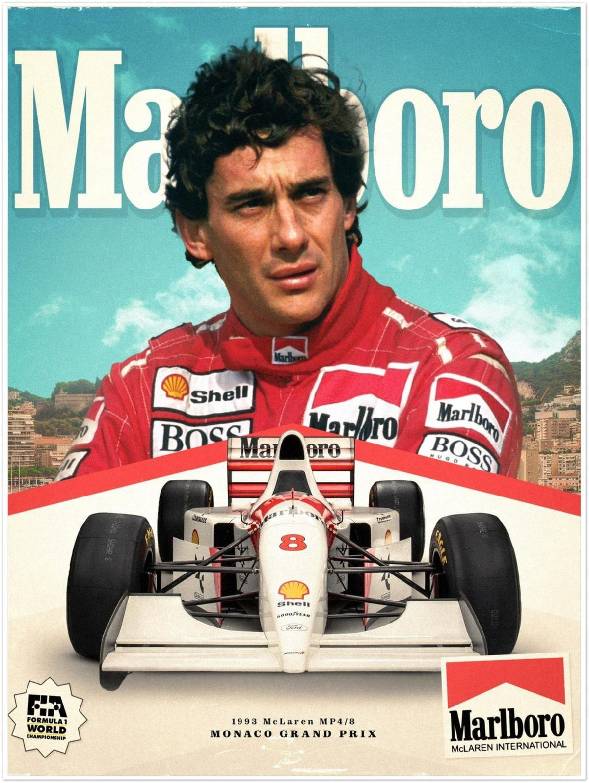 AYRTON SENNA 1993 MCLAREN MP4/8 MONACO GRAND PRIX F1 RACING LEGEND POSTER