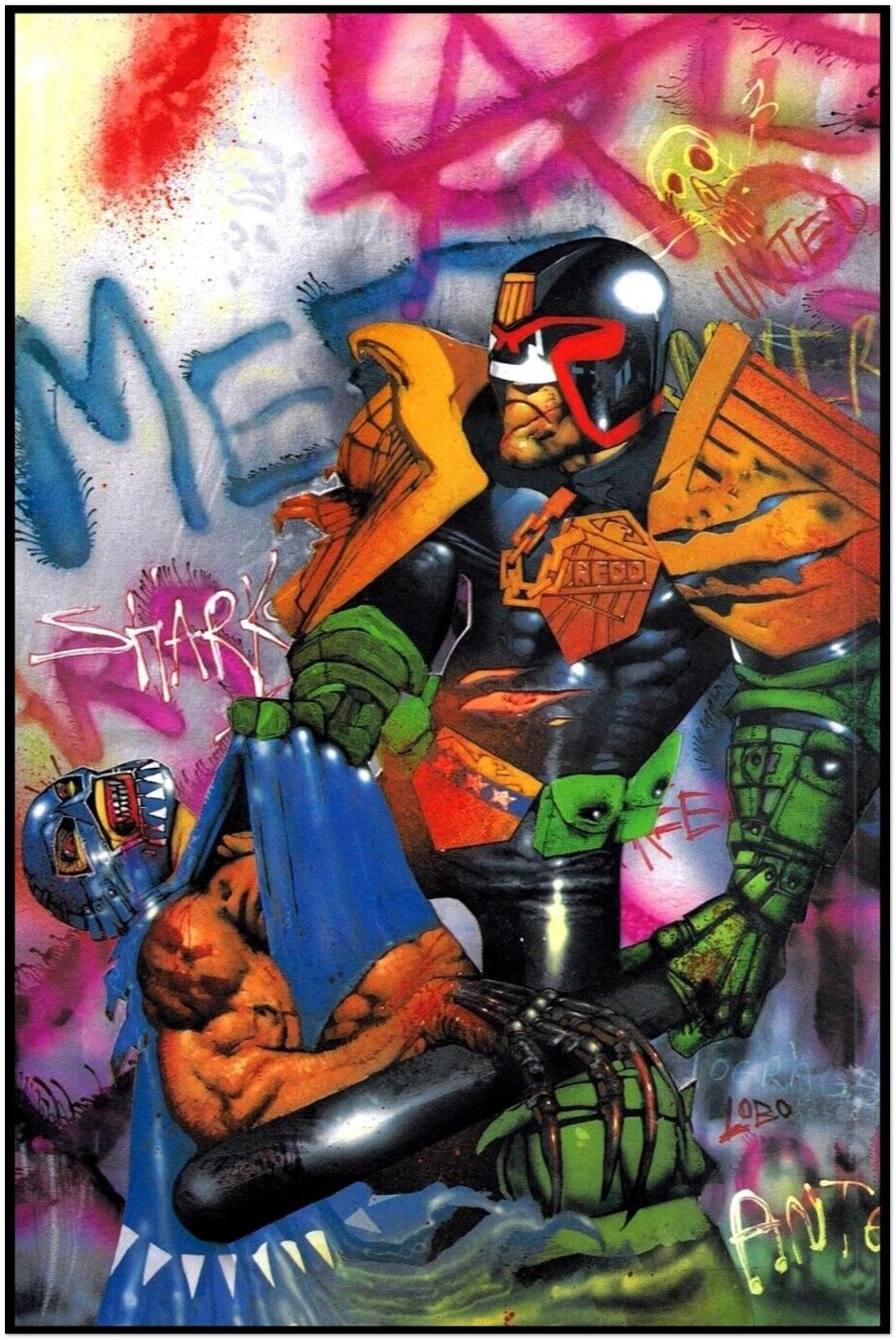 SIMON BISLEY JUDGE DREDD POSTER – 1993 COVER ART WITH GRAFFITI WALL AND MASKED E