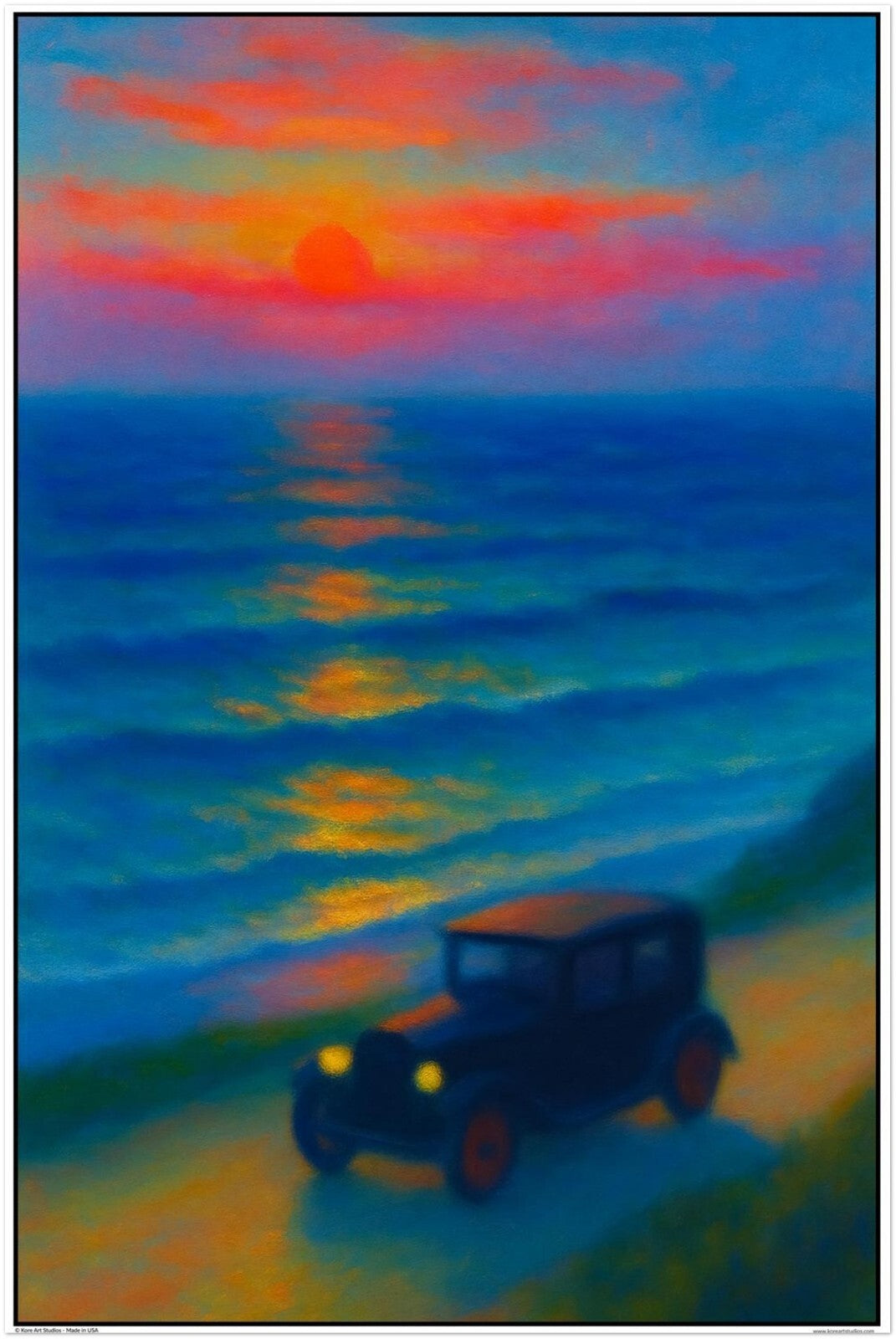 CLARICE BECKETT STYLE POSTER - OCEAN SUNSET CAR IMPRESSIONIST LANDSCAPE ART 2