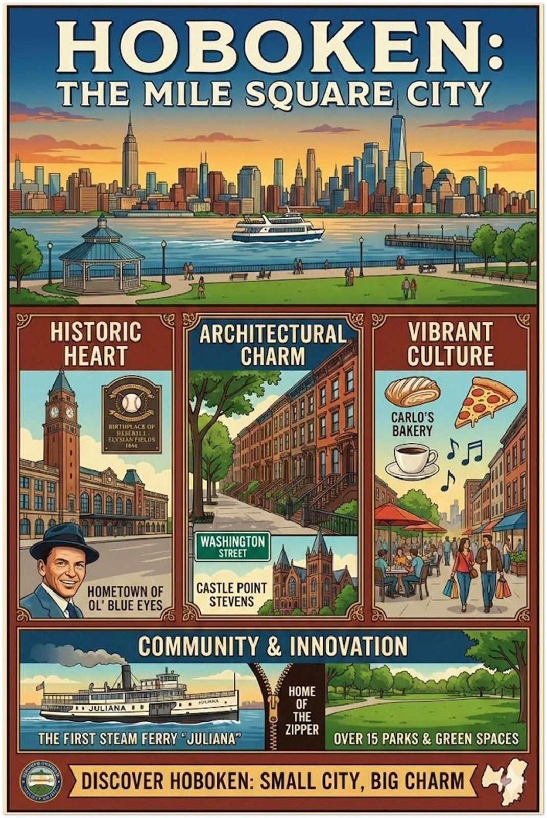 HOBOKEN CITY POSTER – MILE SQUARE VINTAGE STYLE TRAVEL ART PRINT