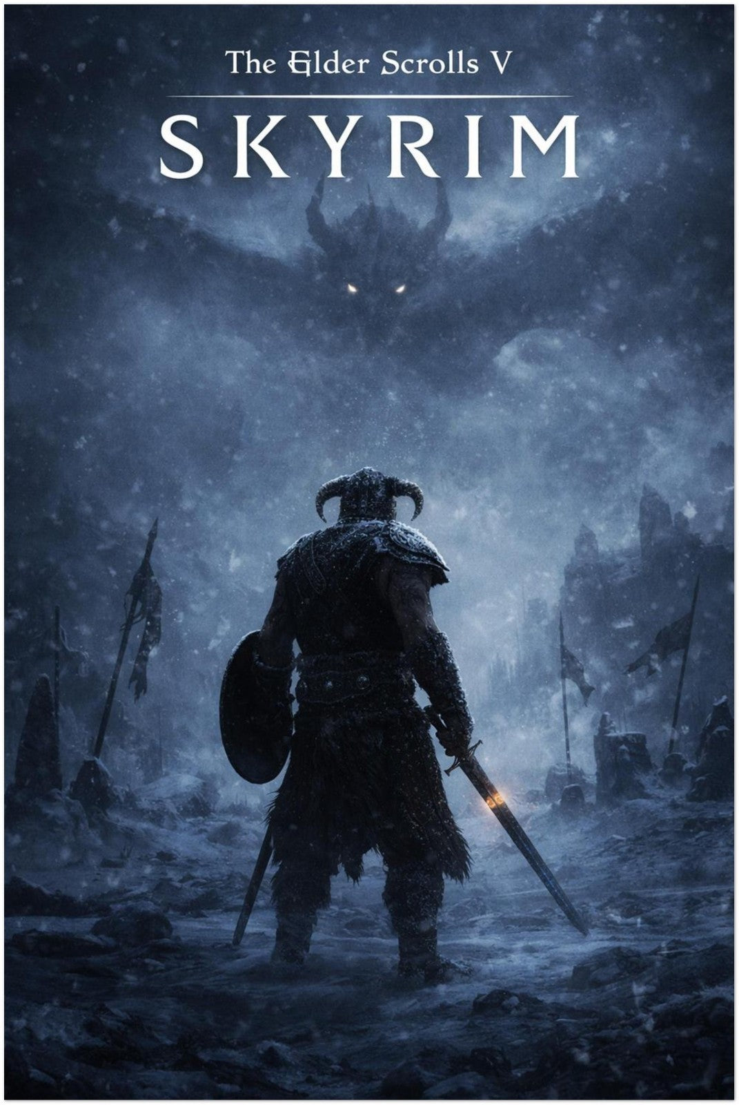 Skyrim Dragonborn vs Alduin Poster, Elder Scrolls V Fantasy Game Art - Ice Ver.