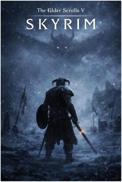 Skyrim Dragonborn vs Alduin Poster, Elder Scrolls V Fantasy Game Art - Ice Ver.
