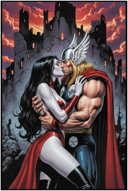 THOR VAMPIRELLA CROSSOVER ROMANCE 2024 FANTASY ART POSTER