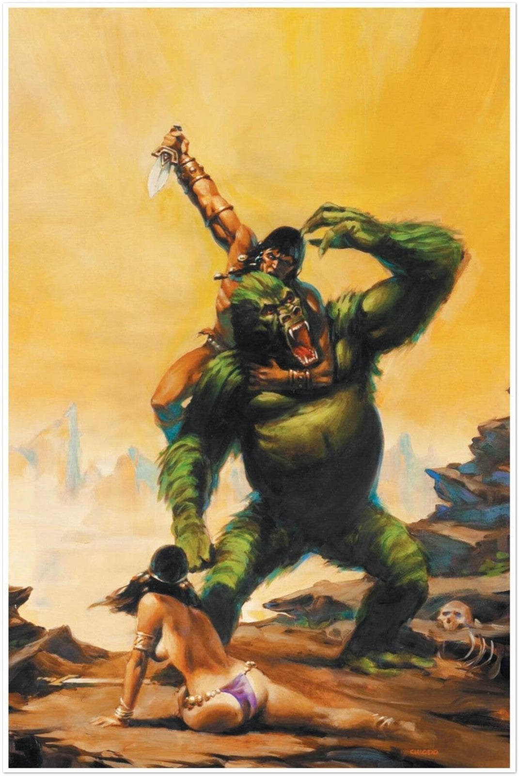 CONAN POSTER JOE CHIODO BARBARIAN VS BEAST 1991 PULP FANTASY BATTLE SCENE