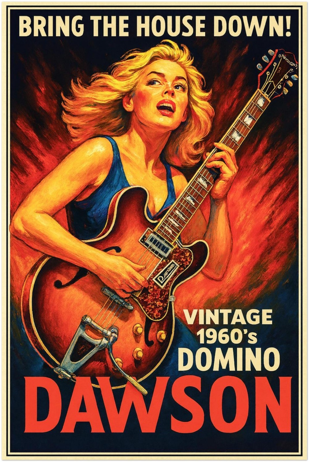 DOMINO DAWSON GUITAR POSTER – VINTAGE 1960S ROCK PRINT – RETRO MUSIC ART