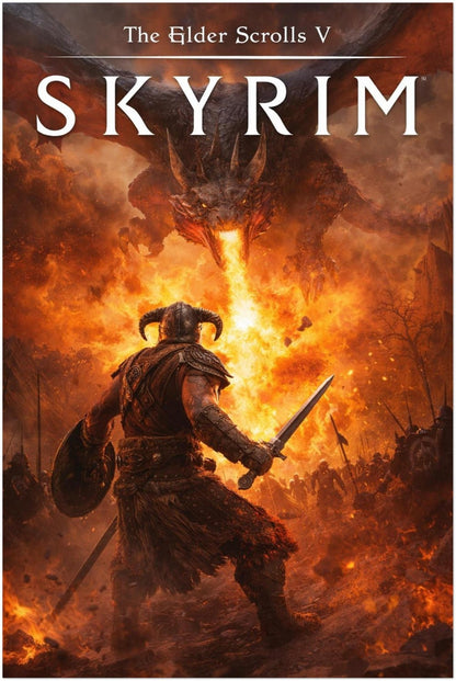 Skyrim Dragonborn vs Alduin Poster, Elder Scrolls V Fantasy Game Art - Fire Ver.