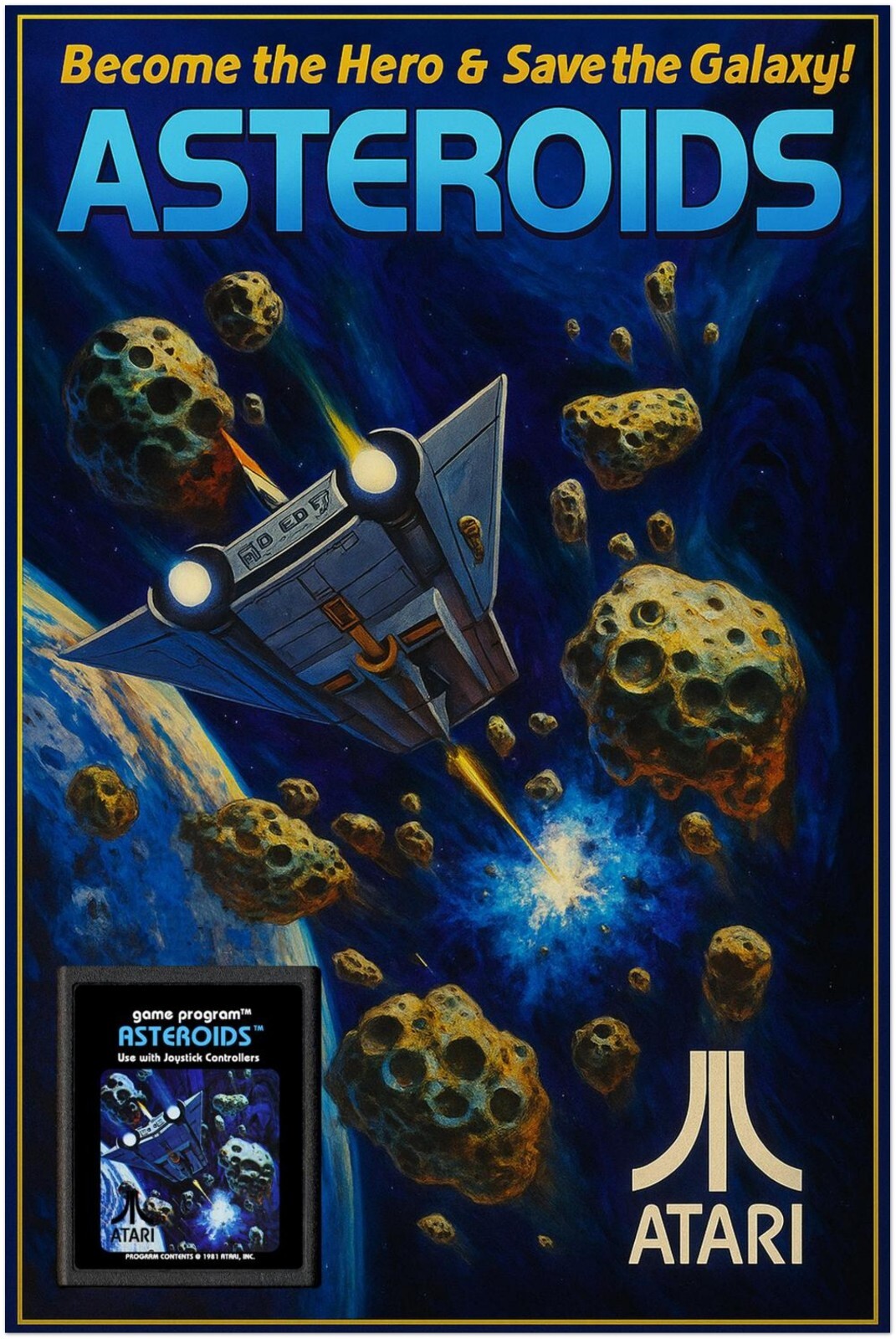 ASTEROIDS ATARI POSTER - BECOME THE HERO SAVE THE GALAXY - MANS CAVE DECORATION