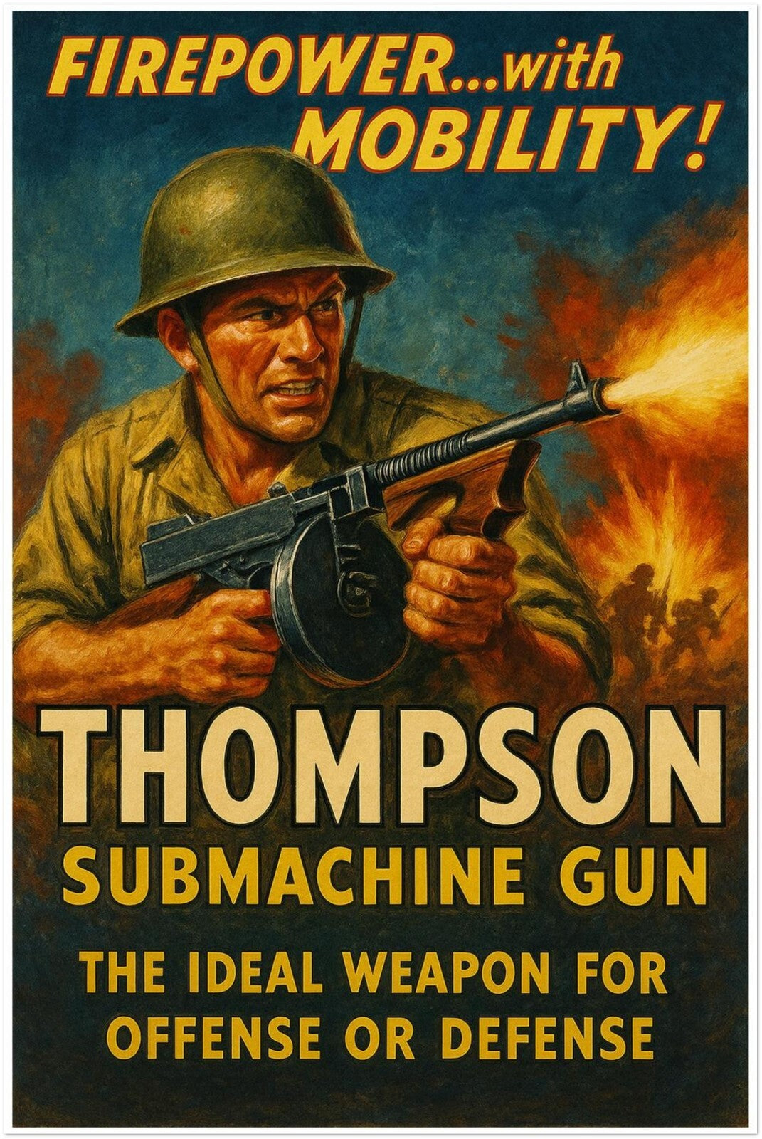 THOMPSON SUBMACHINE GUN VINTAGE MILITARY POSTER - WWII - FREE SHIPPING