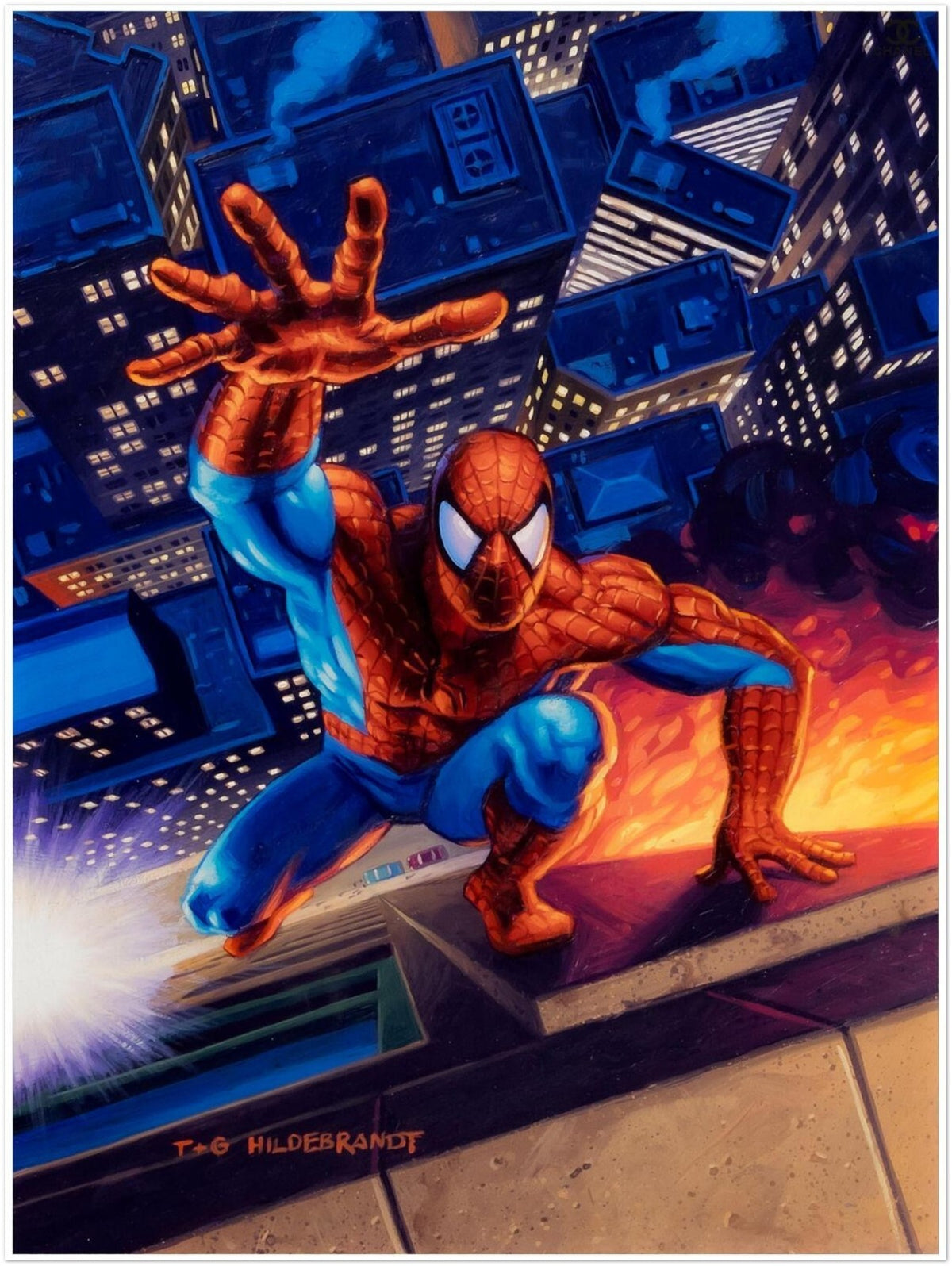 Spider-Man Poster – 1994 Hildebrandt Marvel Art – Rooftop Action Print