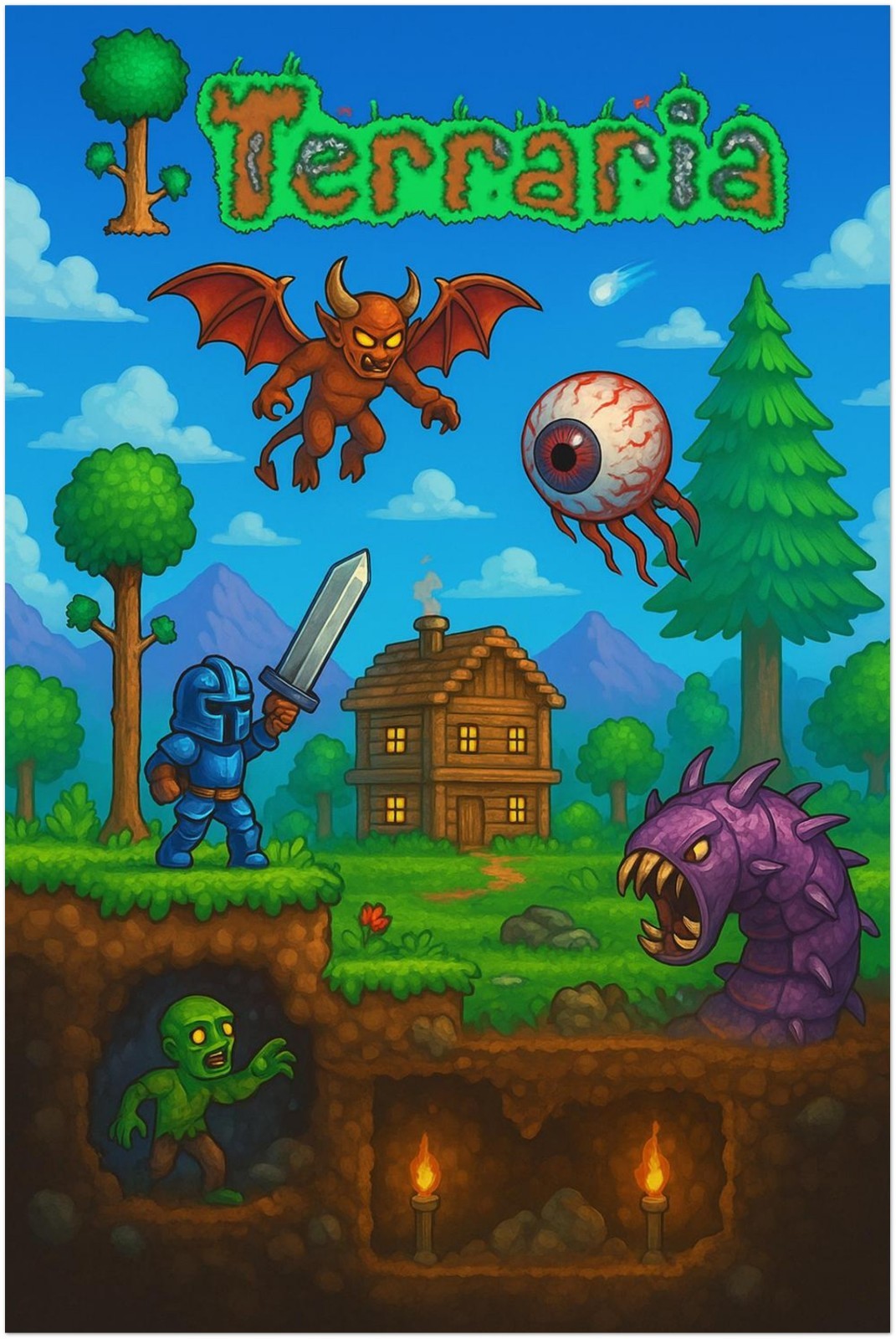 TERRARIA POSTER - ADVENTURE BUILDING MONSTERS UNDERGROUND CAVES GAMING ART