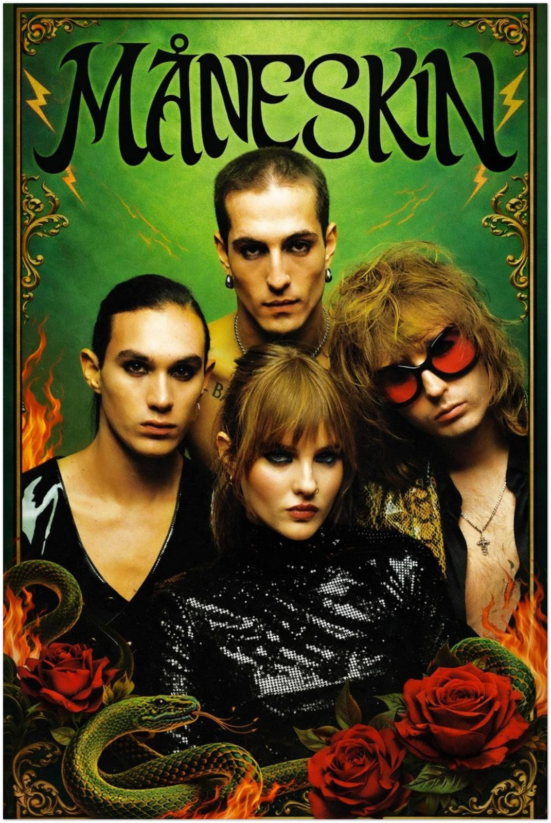 Måneskin Poster – Green Band Pose - BAND PROMO STYLE WALL ART BAND FAN DECO