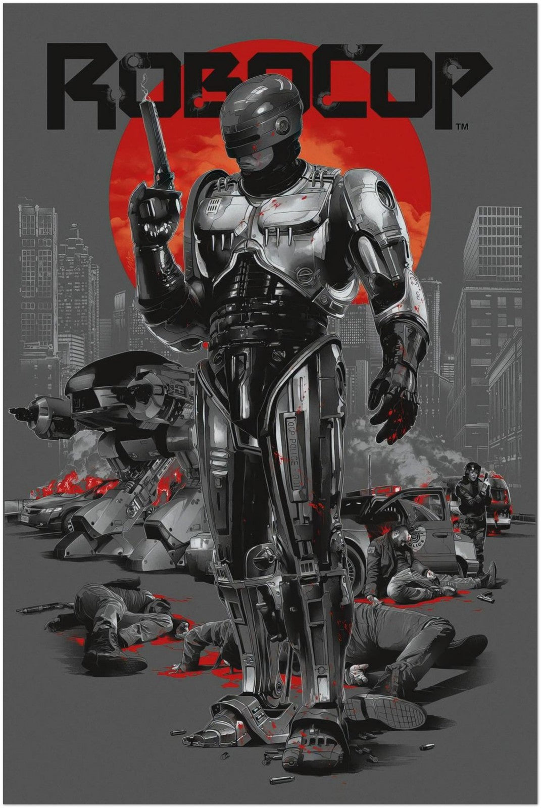 ROBOCOP CUSTOM MOVIE POSTER– 80S CYBERPUNK ART WITH RED SUN & ED-209