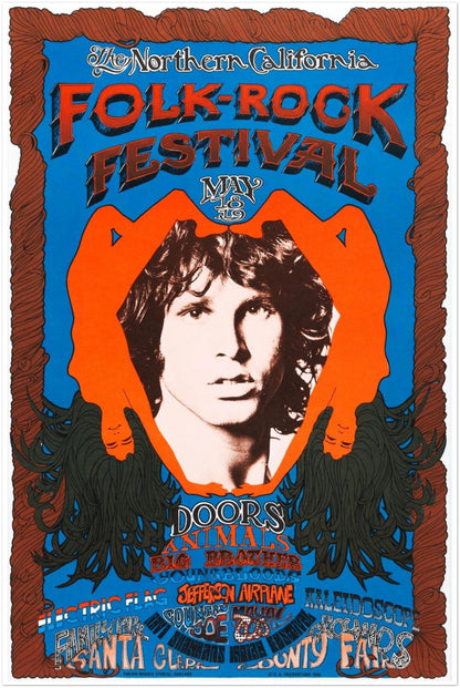 THE DOORS 1968 FOLK-ROCK FESTIVAL POSTER - JIM MORRISON PSYCHEDELIC CONCERT ART