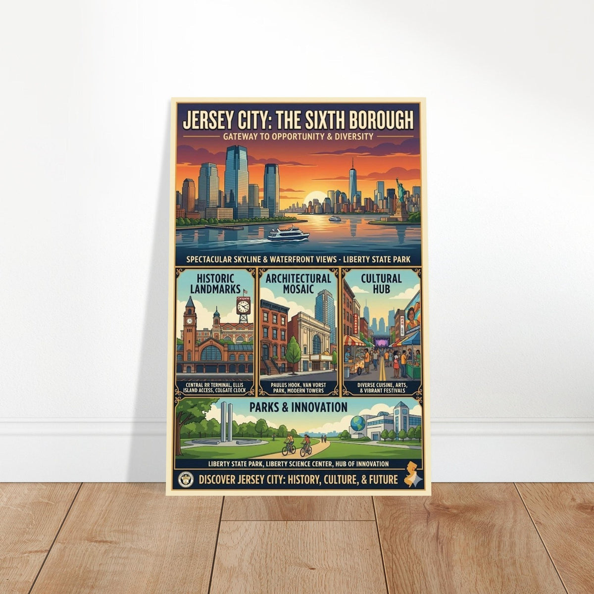 JERSEY CITY POSTER – SIXTH BOROUGH SKYLINE & CULTURE VINTAGE PRINT 2