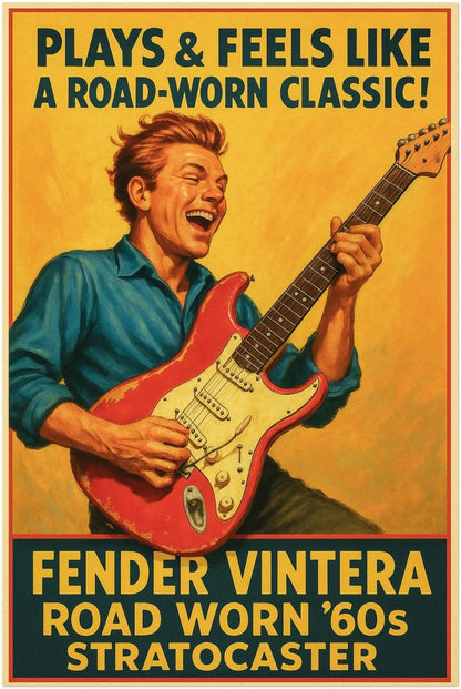 FENDER VINTERA STRATOCASTER POSTER – ROAD WORN ’60S GUITAR AD PRINT