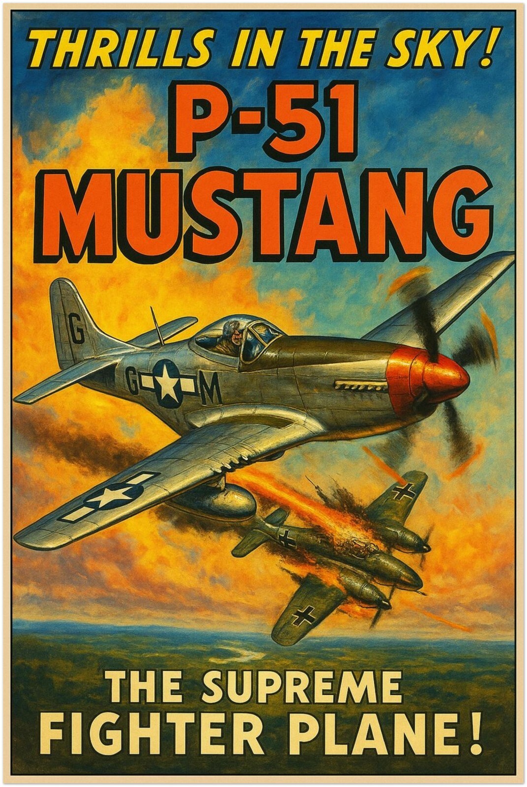 P-51 MUSTANG FIGHTER POSTER - THRILLS IN THE SKY - WWII - FREE SHIPPING