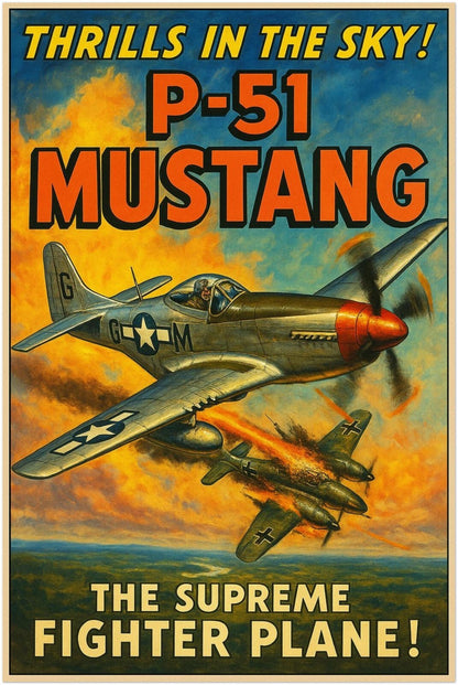 P-51 MUSTANG FIGHTER POSTER - THRILLS IN THE SKY - WWII - FREE SHIPPING