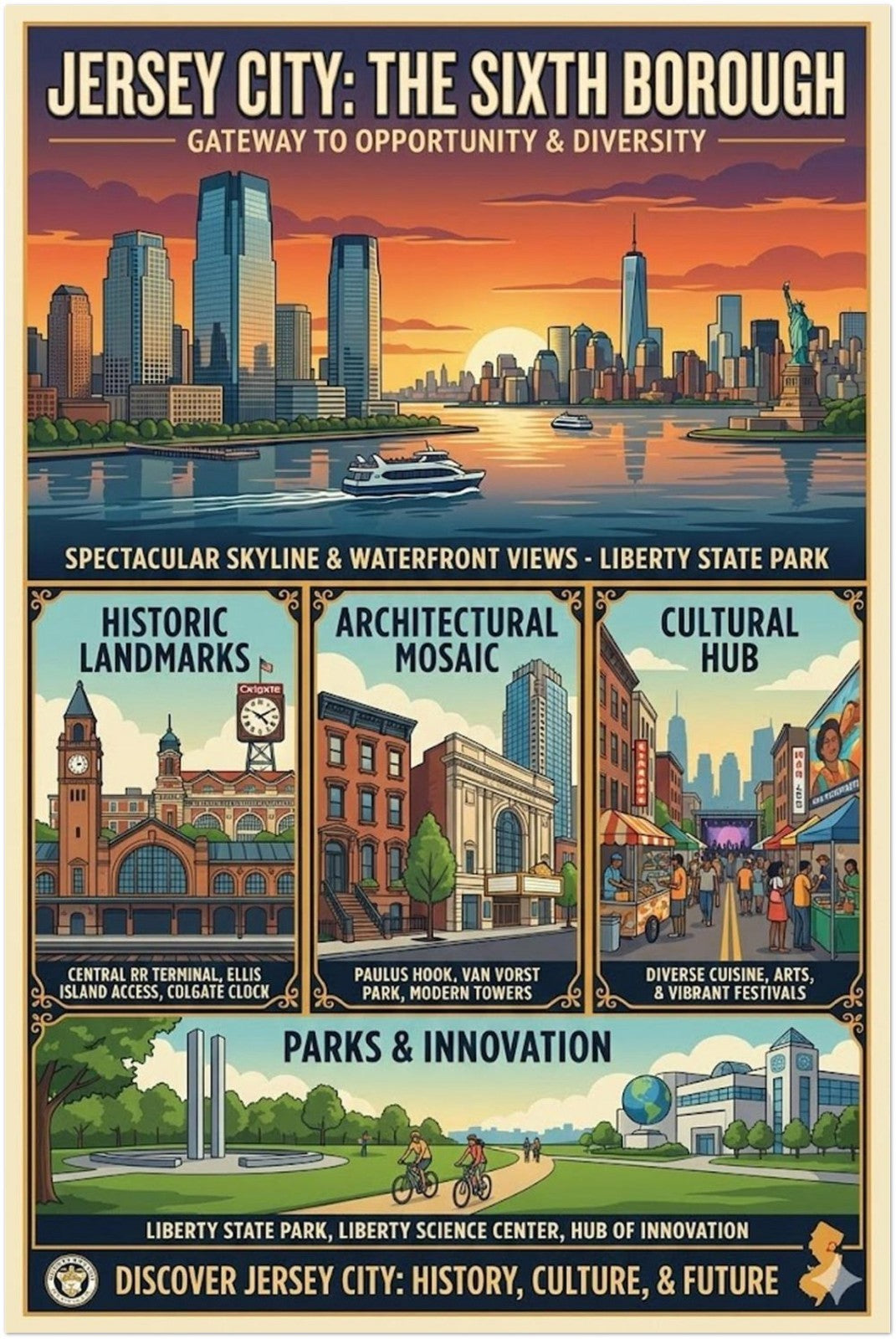 JERSEY CITY POSTER – SIXTH BOROUGH SKYLINE & CULTURE VINTAGE PRINT